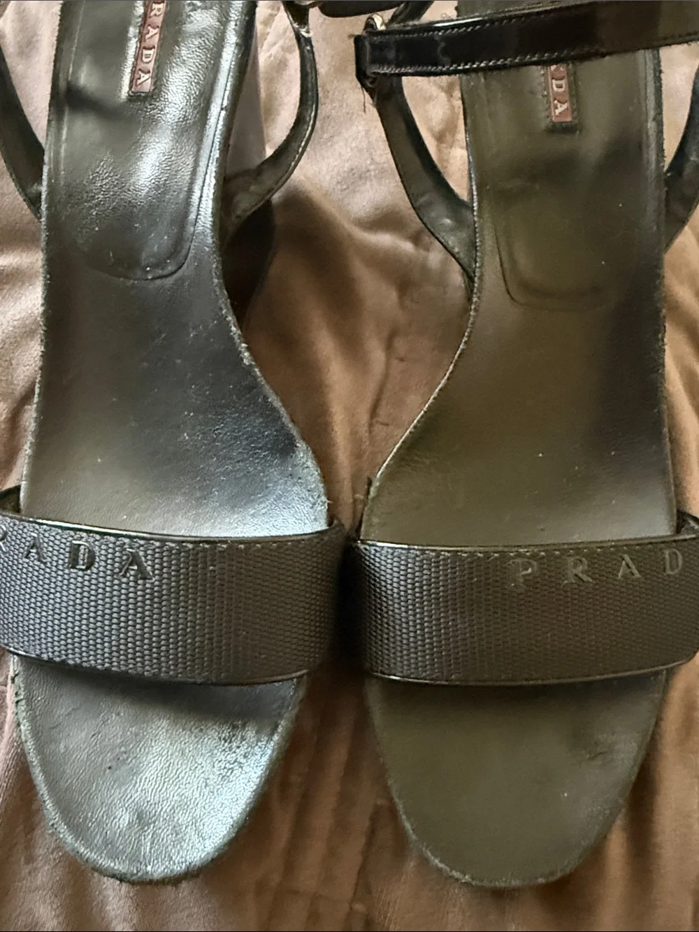 Authentic Y2K style Prada Black patent leather & Fabric Velcro strap sandals